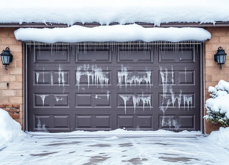 Craftsman garage door with rectangular windows on a snowy winter morning